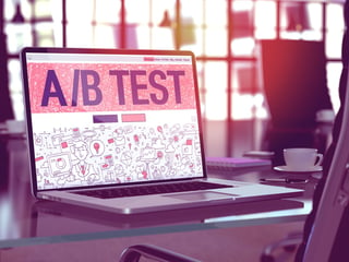 AB Test Concept. Closeup Landing Page on Laptop Screen in Doodle Design Style. On Background of Comfortable Working Place in Modern Office. Blurred, Toned Image. 3d Render..jpeg